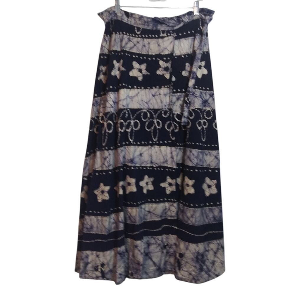 Summer Cotton Floral Patterned Blue and White Tie Dye Wrap Skirt Boho Size L